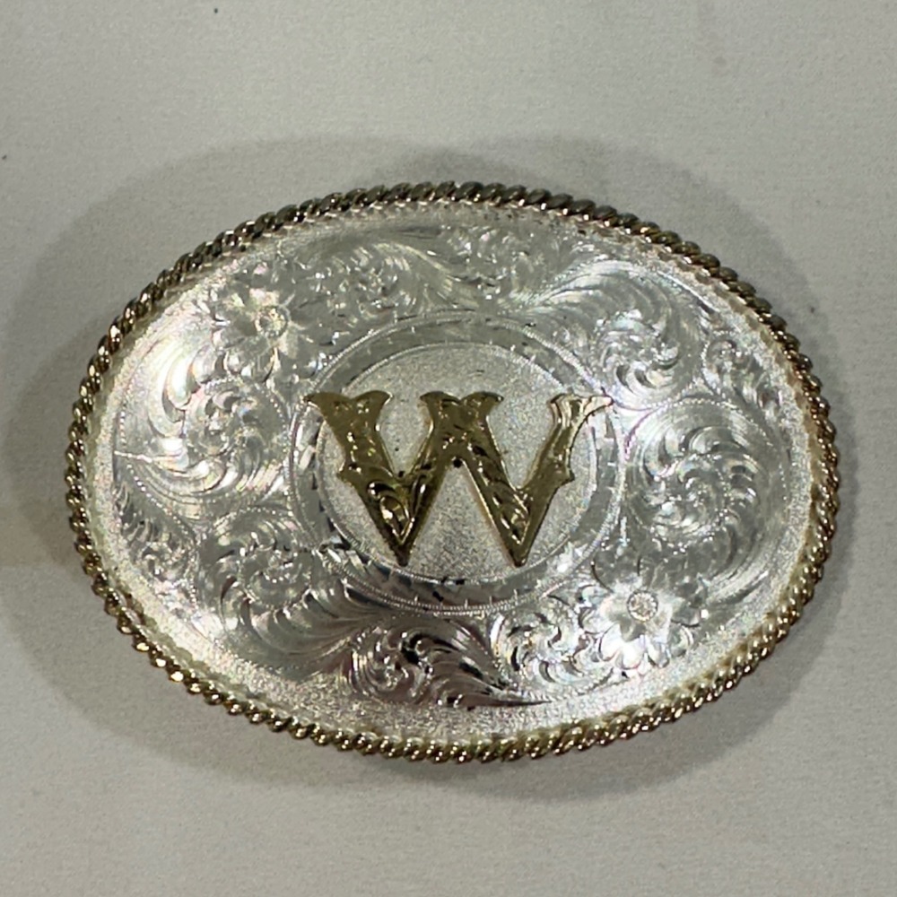 Montana Silversmiths W Initial Belt Buckle Silver Gold Floral Western 0135